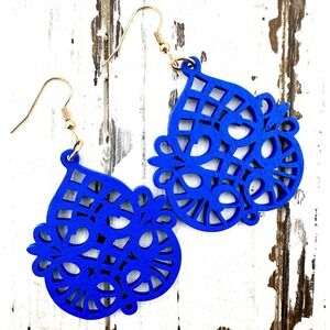 Garden Trellis Teardrop‎ Earrings Cobalt Blue Stained Laser Cut Wood